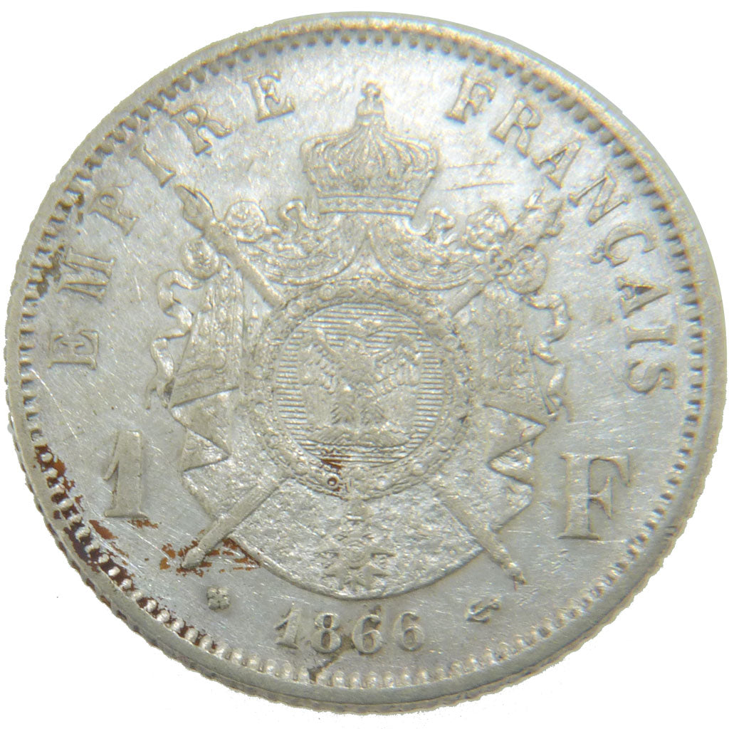 FRANCE, Napoléon III, Franc, 1866, Strasbourg, KM #806.2, EF(40-45), Silver, G..