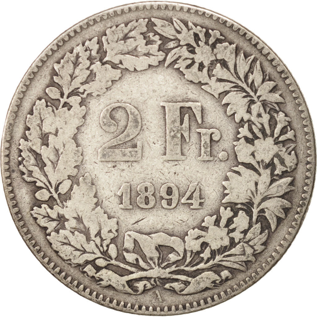 Switzerland, 2 Francs, 1894, Bern, VF(20-25), Silver, KM:21