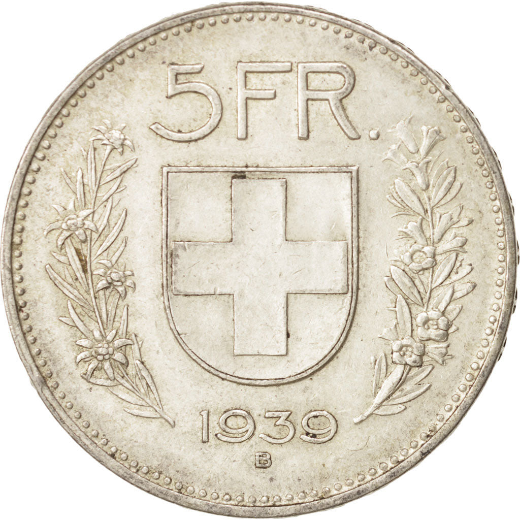 Switzerland, 5 Francs, 1939, Bern, AU(55-58), Silver, KM:40