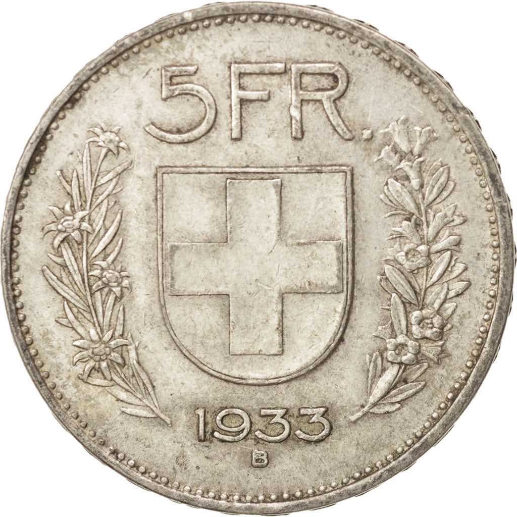 Coin, Switzerland, 5 Francs, 1933, Bern, AU(50-53), Silver, KM:40