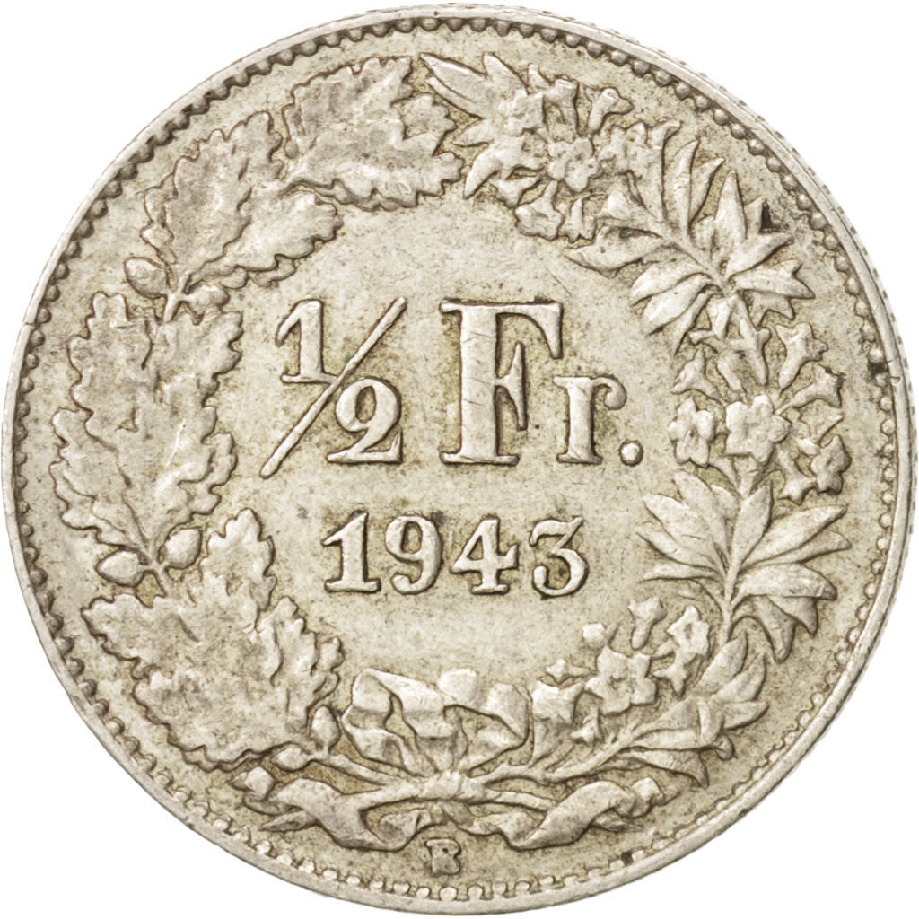 Coin, Switzerland, 1/2 Franc, 1943, Bern, AU(50-53), Silver, KM:23