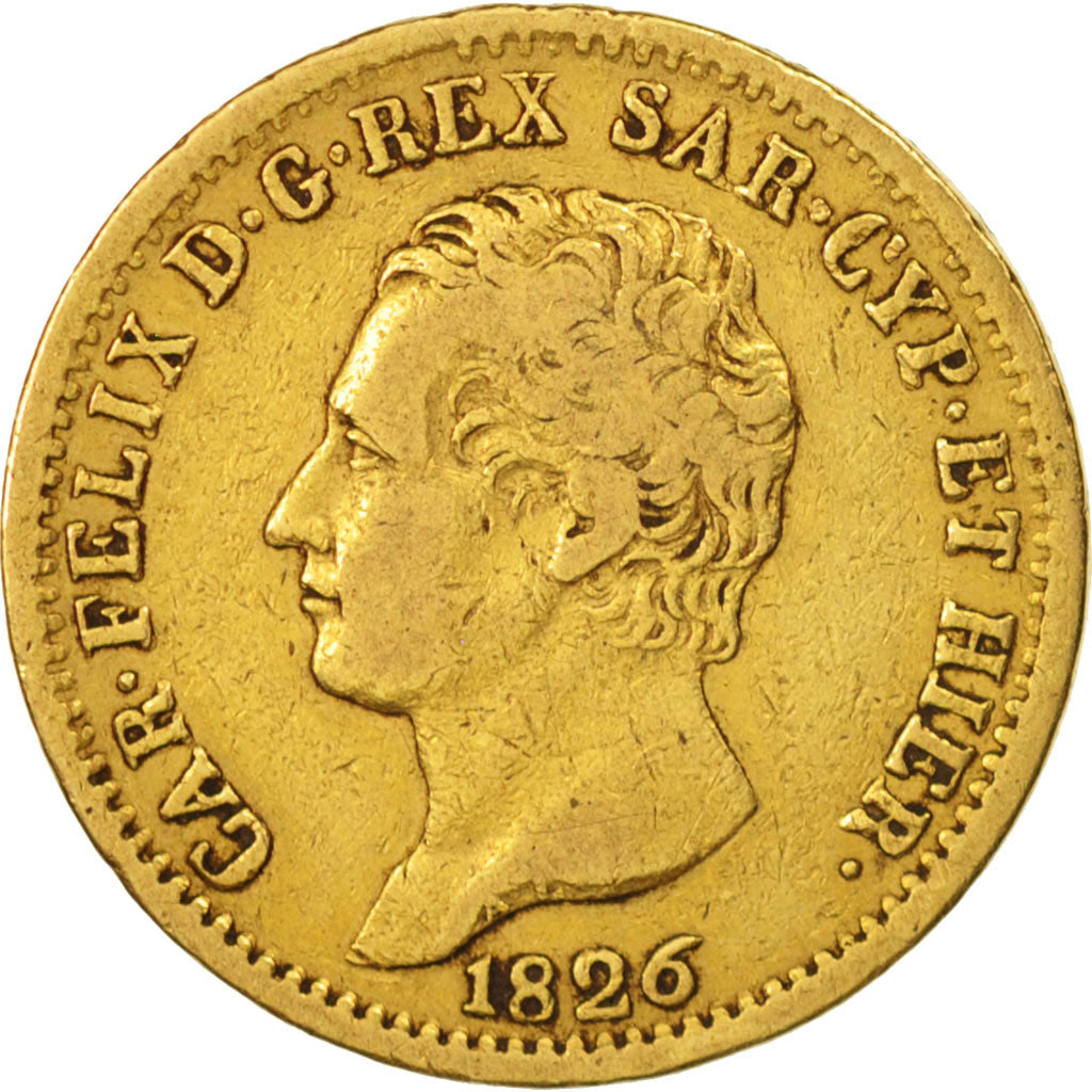 ITALIAN STATES, SARDINIA, Carlo Felice, 20 Lire, 1826, Torino, VF(30-35), Gold