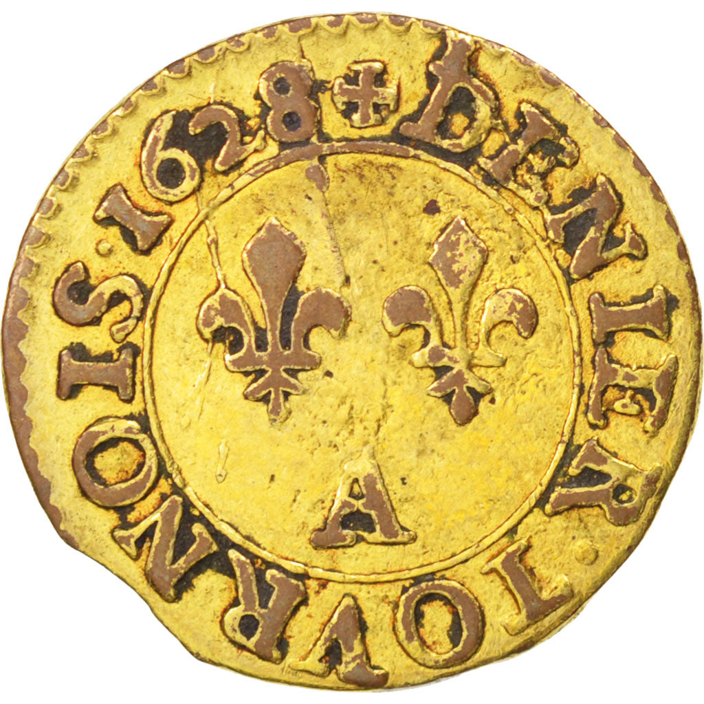 Coin, France, Louis XIII, Denier tournois, buste juvénile au col rabattu