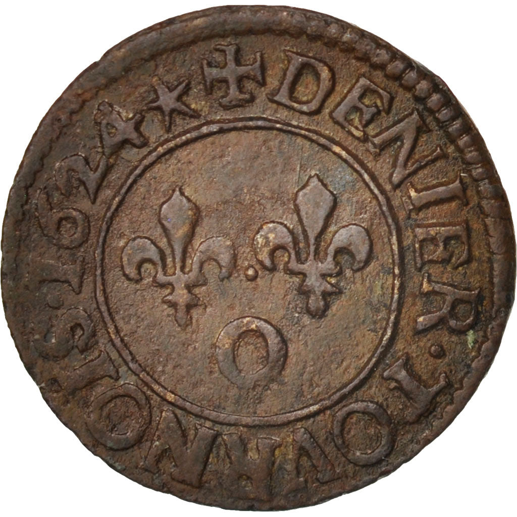 Frankreich, Louis XIII, Denier tournois, 1624, Riom, EF(40-45), Copper, KM:79.7