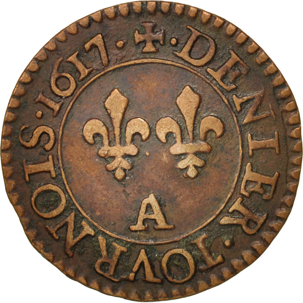 Frankreich, Louis XIII, Denier tournois, 1617, Paris, AU(50-53), Copper, KM:42.1