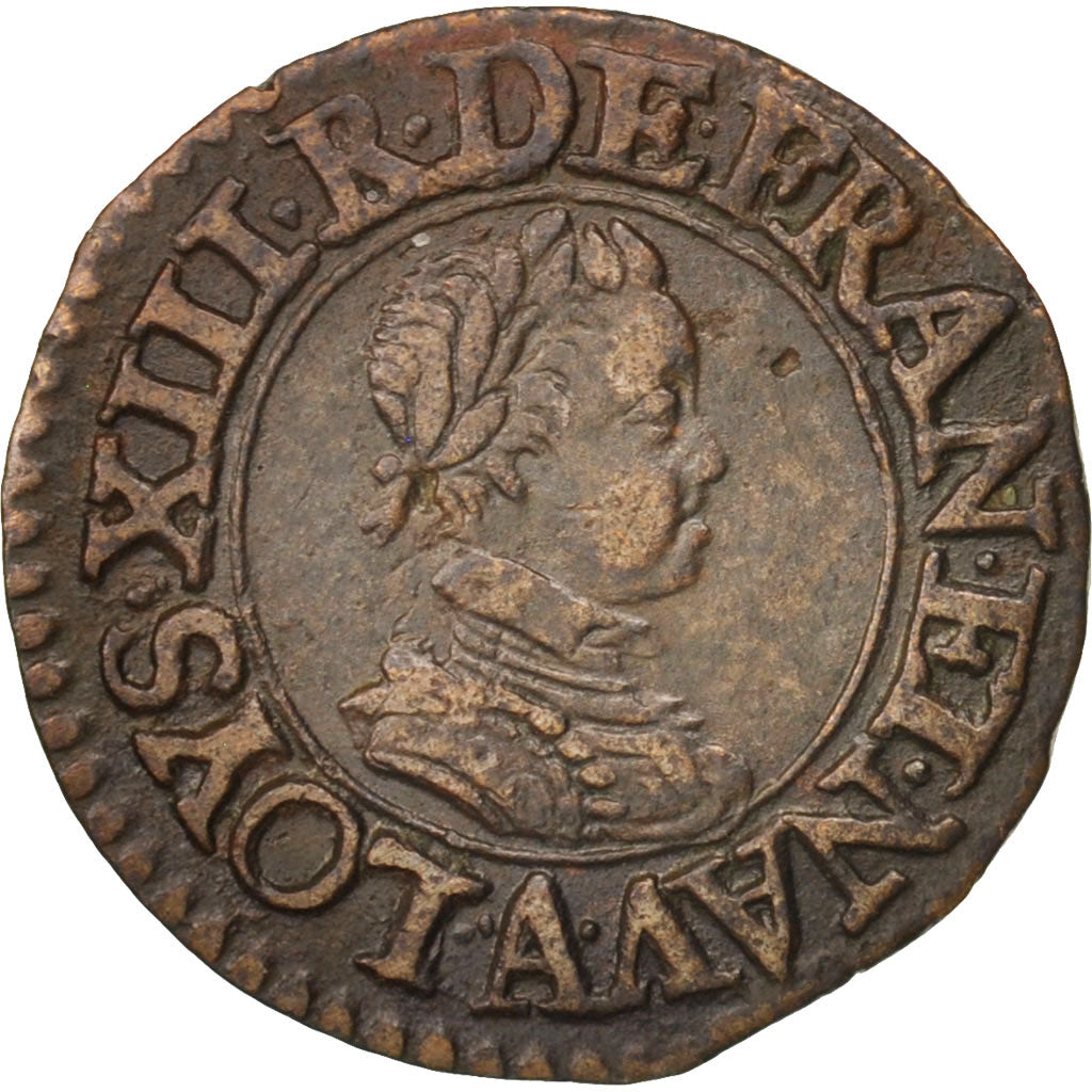 France, Louis XIII, Denier tournois, 1621/0, Paris, EF(40-45), Copper, KM:42.1