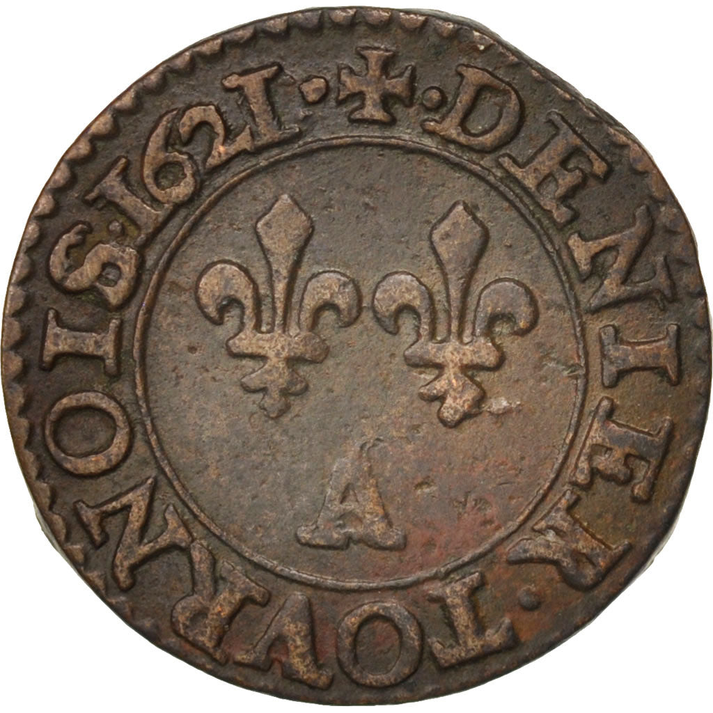 France, Louis XIII, Denier tournois, 1621/0, Paris, EF(40-45), Copper, KM:42.1