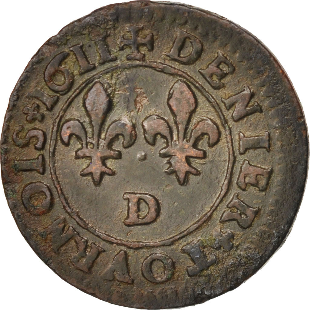 France, Louis XIII, Denier tournois, 1611, Lyon, EF(40-45), Copper, KM:42.2