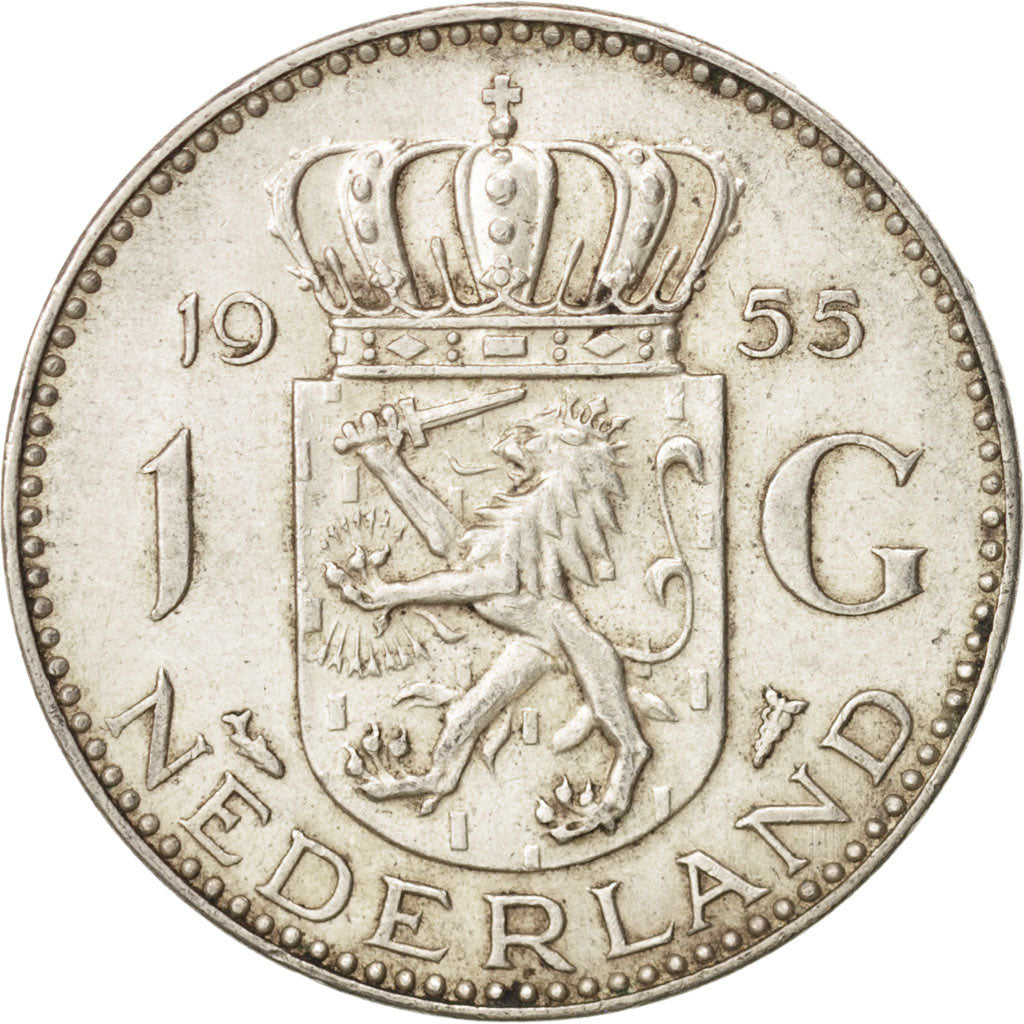 Coin, Netherlands, Juliana, Gulden, 1955, AU(55-58), Silver, KM:184