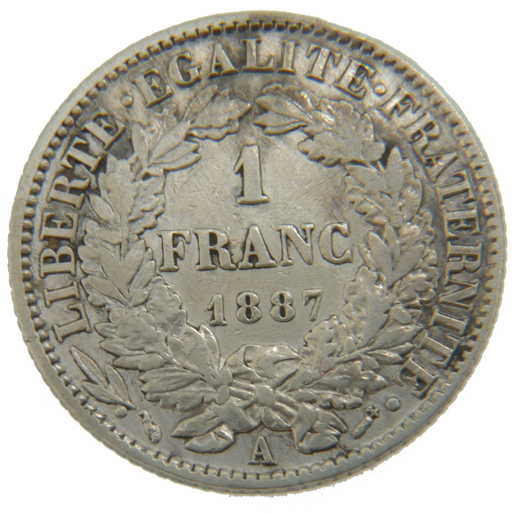 FRANCE, Cérès, Franc, 1887, Paris, KM #822.1, EF(40-45), Silver, 23, Gadoury #..