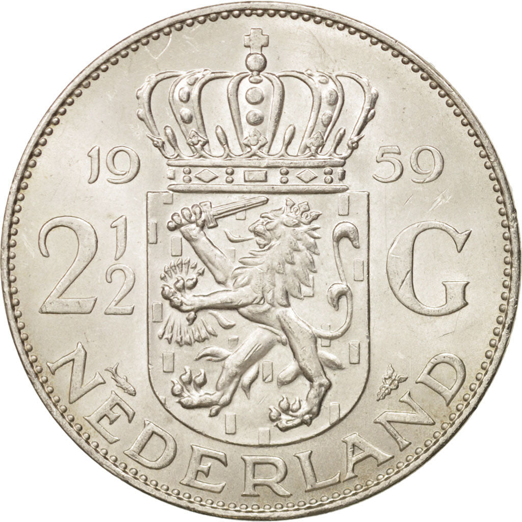 Netherlands, Juliana, 2-1/2 Gulden, 1959, MS(63), Silver, KM:185