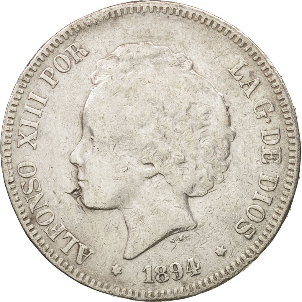 Coin, Spain, Alfonso XIII, 5 Pesetas, 1894, VF(20-25), Silver, KM:700