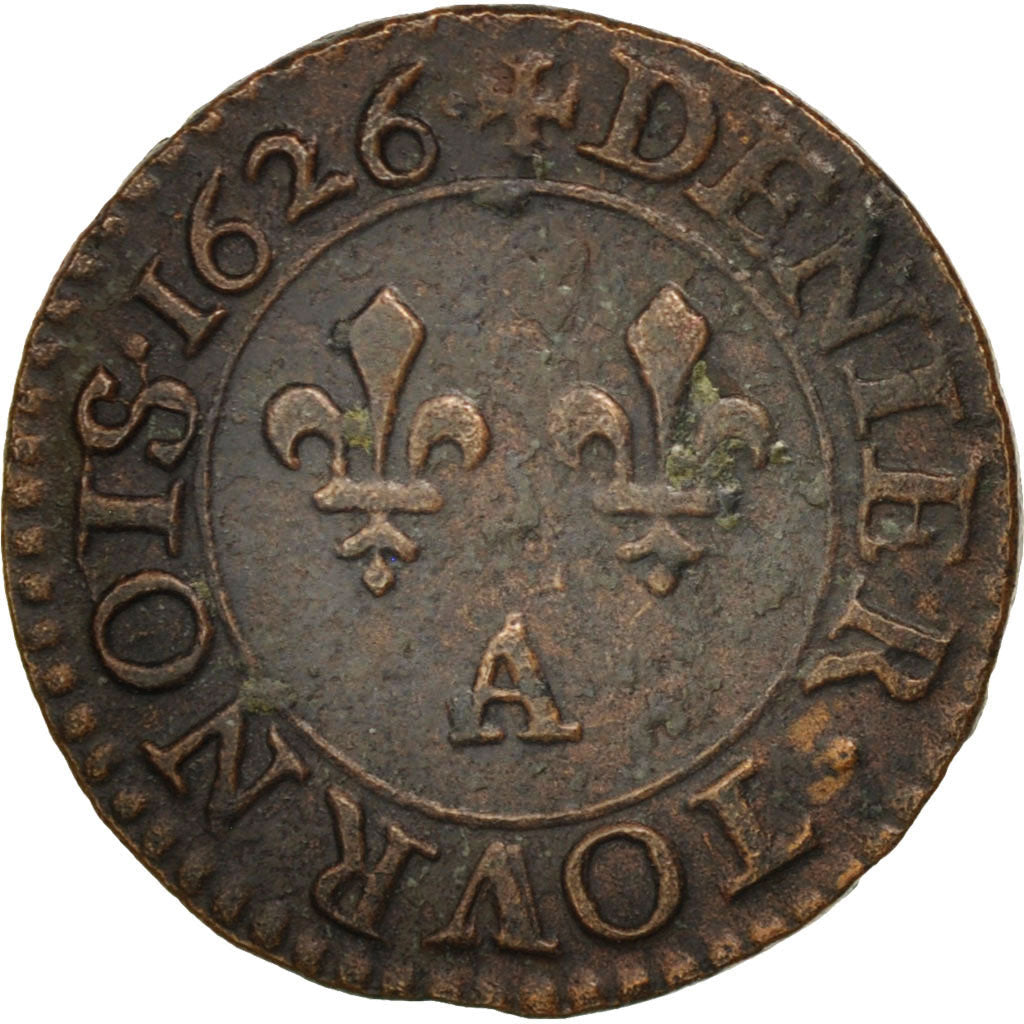 France, Louis XIII, Denier tournois, 1626, Paris, AU(50-53), Copper, KM:70.1