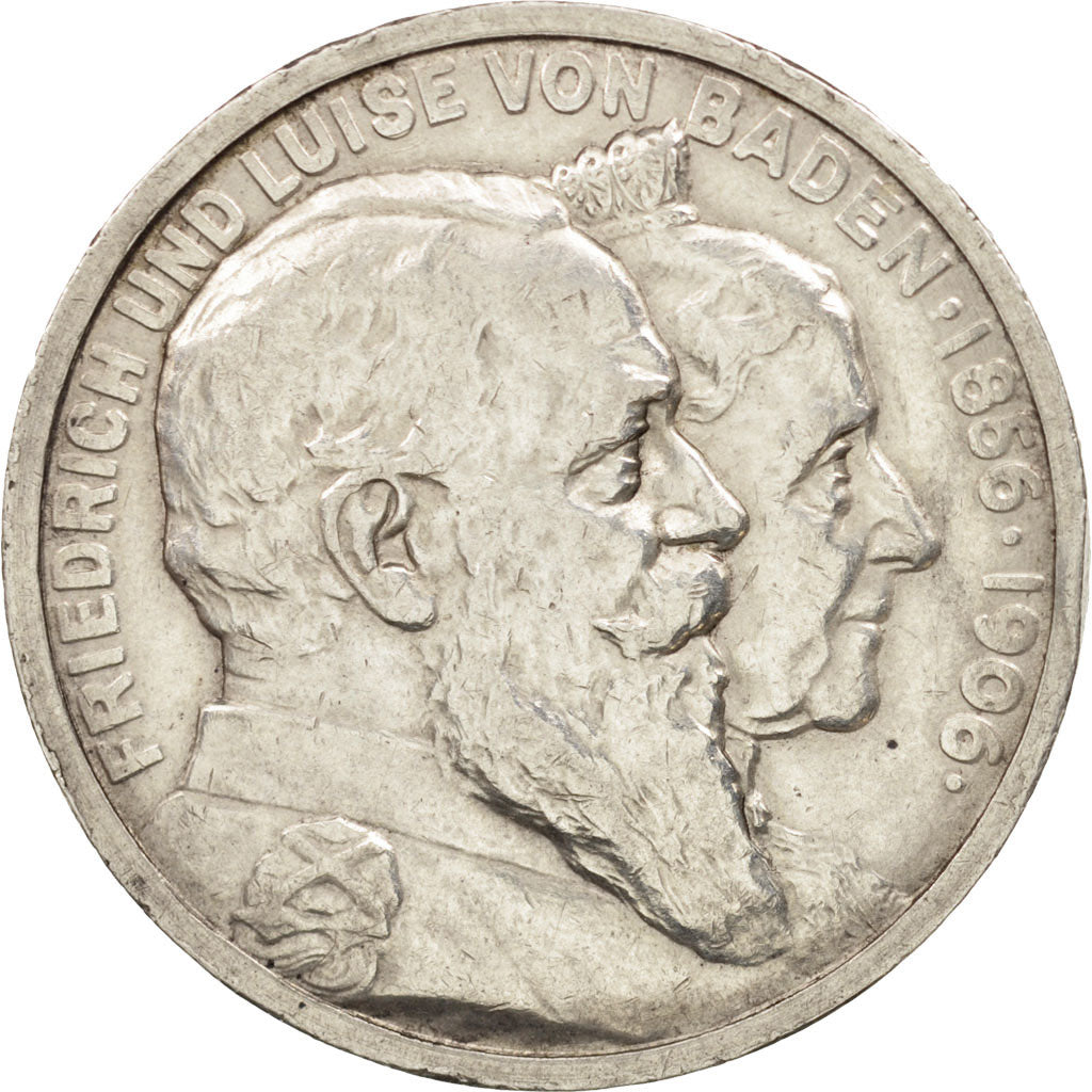 German States, BADEN, Friedrich I, 5 Mark, 1906, AU(50-53), Silver, KM:277