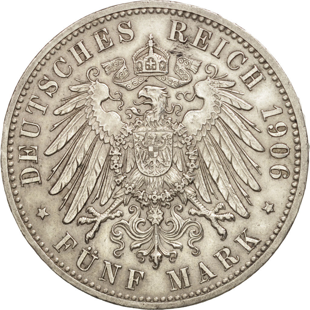 German States, BADEN, Friedrich I, 5 Mark, 1906, AU(50-53), Silver, KM:277