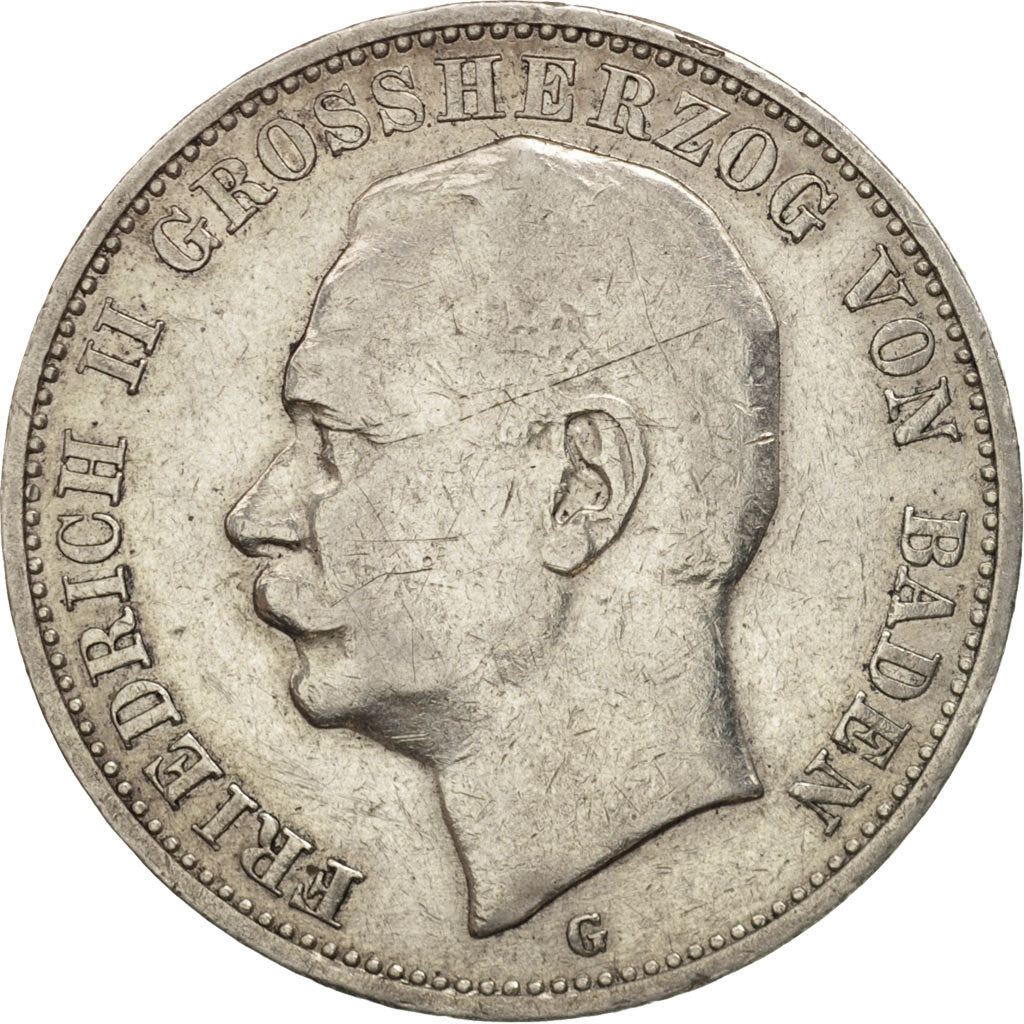Coin, German States, BADEN, Friedrich II, 3 Mark, 1910, Stuttgart, EF(40-45)