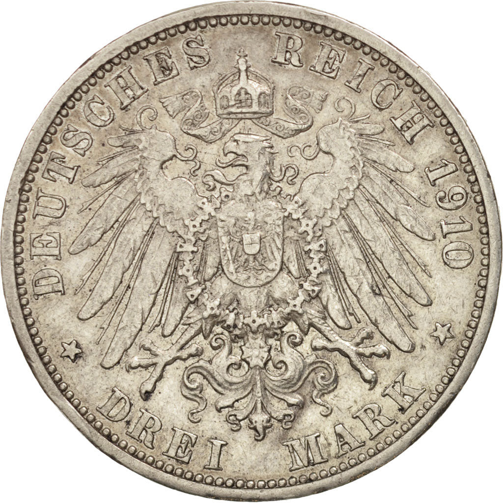 Coin, German States, BADEN, Friedrich II, 3 Mark, 1910, Stuttgart, EF(40-45)