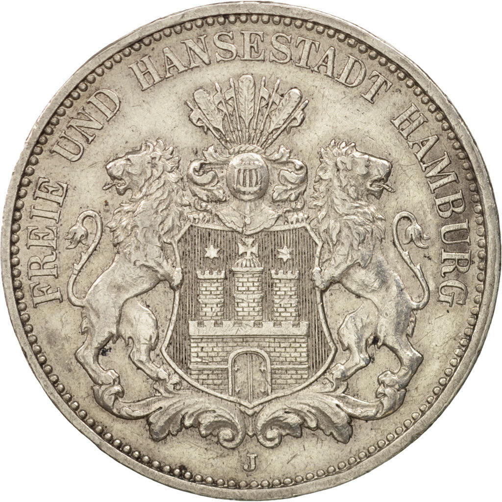 Stati tedeschi, HAMBURG, 3 Mark, 1911, Hamburg, BB+, Argento, KM:620