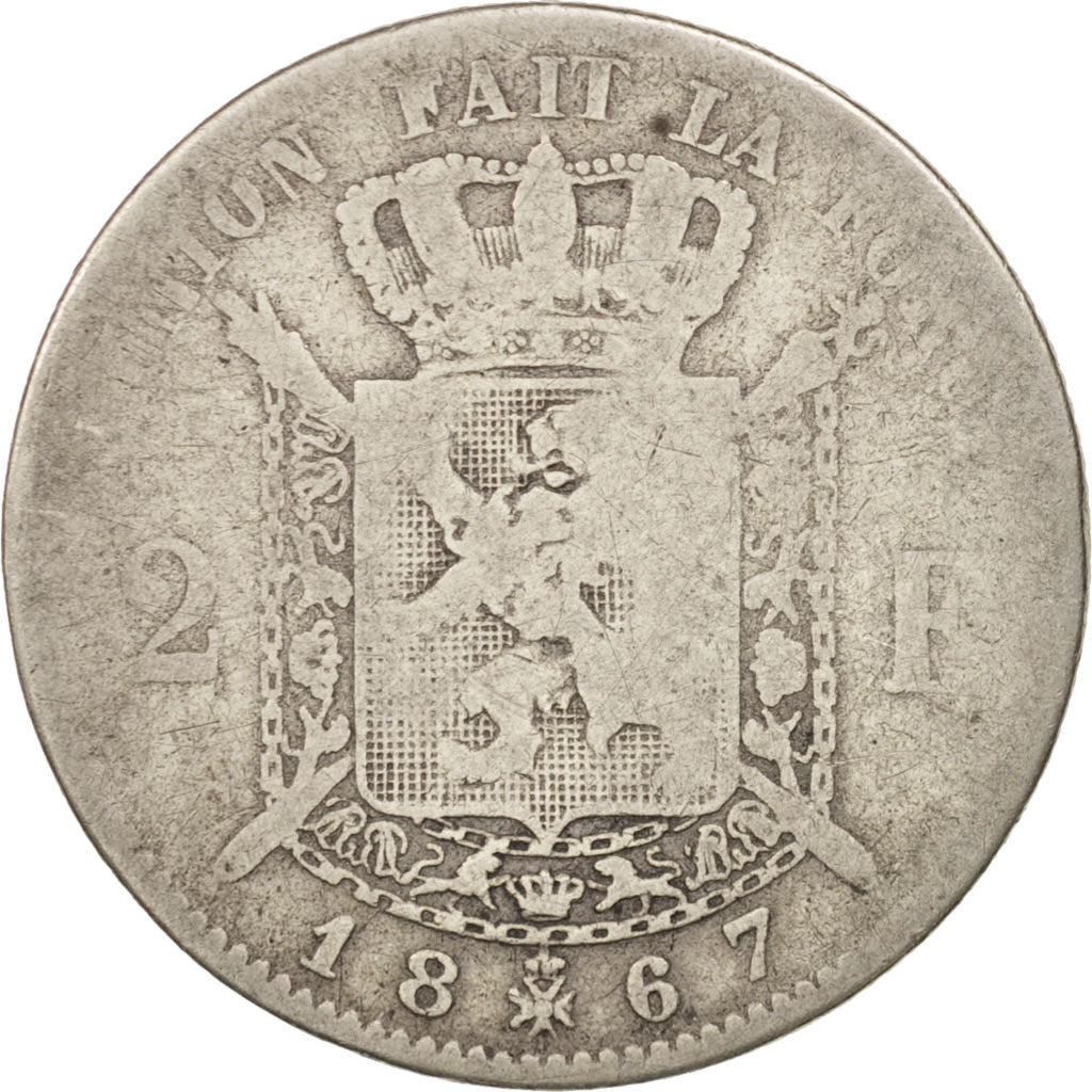 Belgium, Leopold II, 2 Francs, 2 Frank, 1867, VG(8-10), Silver, KM:30.2