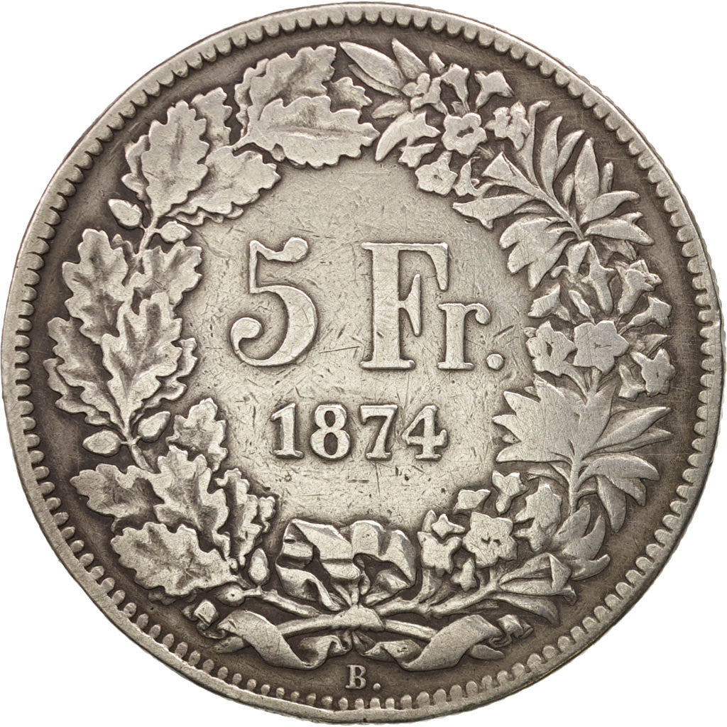 Switzerland, 5 Francs, 1874, Brussels, VF(20-25), Silver, KM:11
