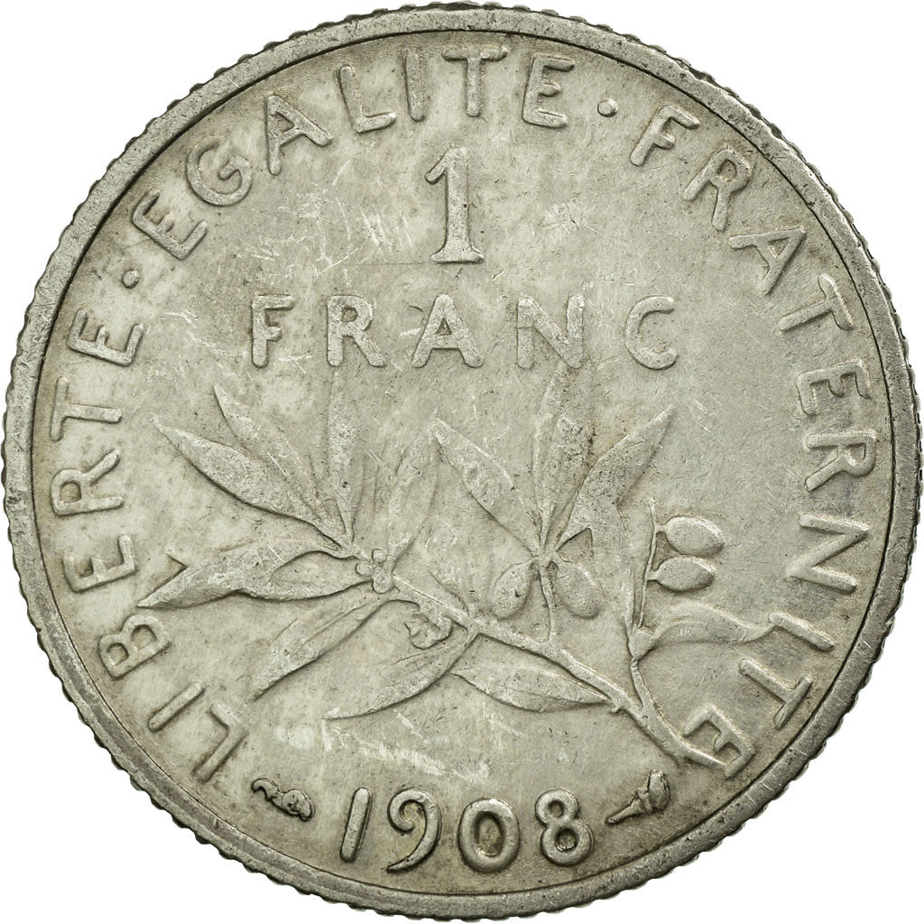 Coin, France, Semeuse, Franc, 1908, Paris, EF(40-45), Silver, KM:844.1