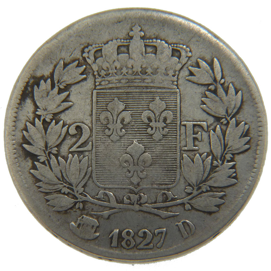 FRANCE, Charles X, 2 Francs, 1827, Lyon, KM #725.4, VF(20-25), Silver, Gadoury..