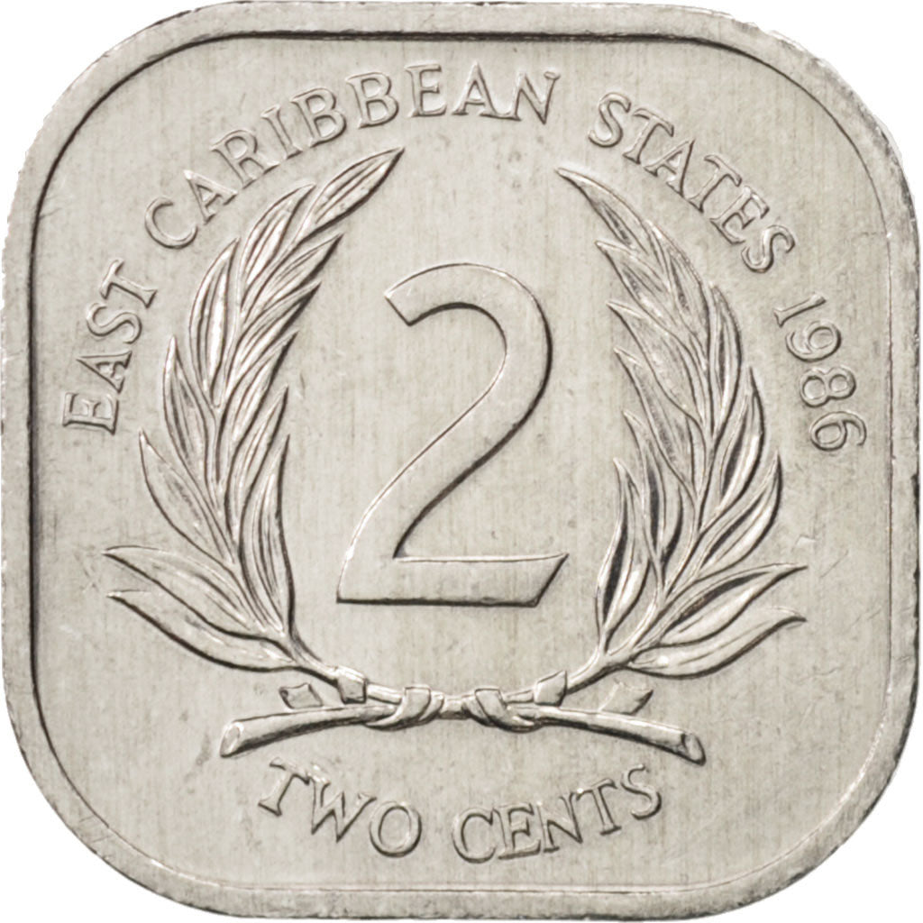 East Caribbean States, Elizabeth II, 2 Cents, 1986, MS(64), Aluminum, KM:11