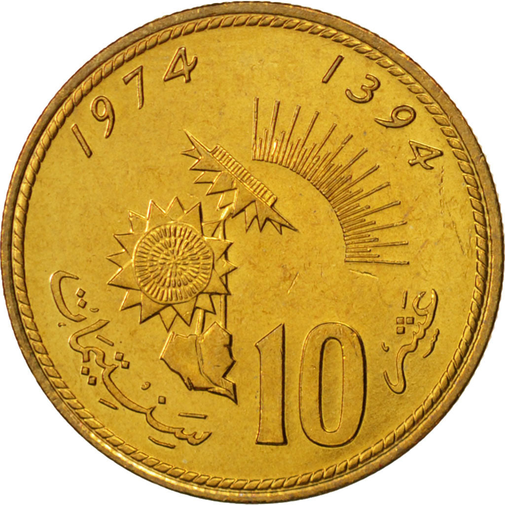 Monnaie, Maroc, al-Hassan II, 10 Santimat, 1974, FDC, Aluminum-Bronze, KM:60
