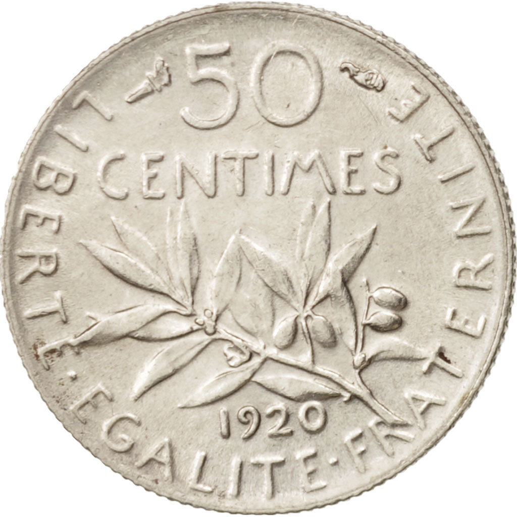 France, Semeuse, 50 Centimes, 1920, Paris, AU(50-53), Silver, KM:854