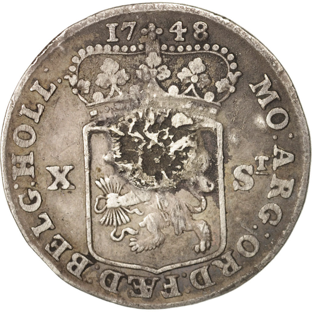 Netherlands, HOLLAND, 10 Stuivers, 1/2 Gulden, 1748, VF(30-35), Silver, KM:95