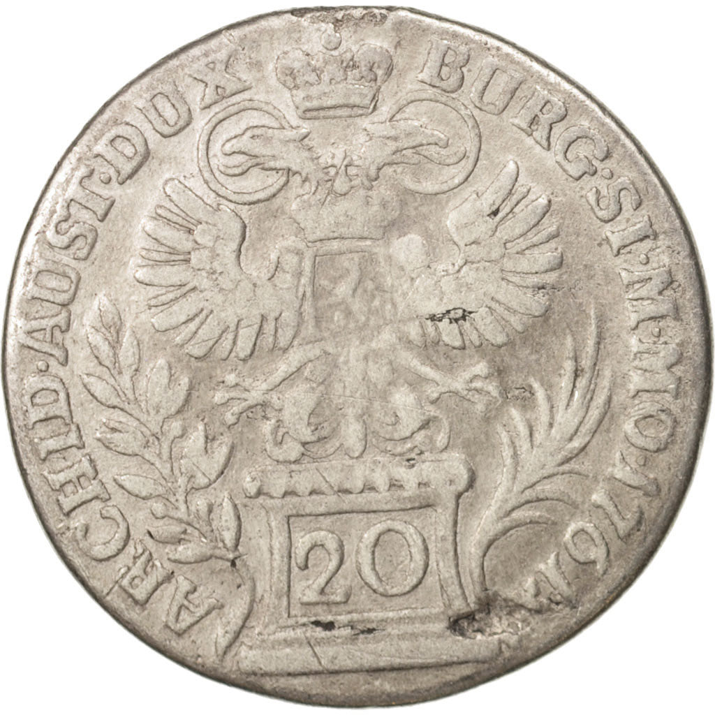 BOHEMIA, Maria Theresa, 20 Kreuzer, 1761, Prague, VG(8-10), Silver, KM:768
