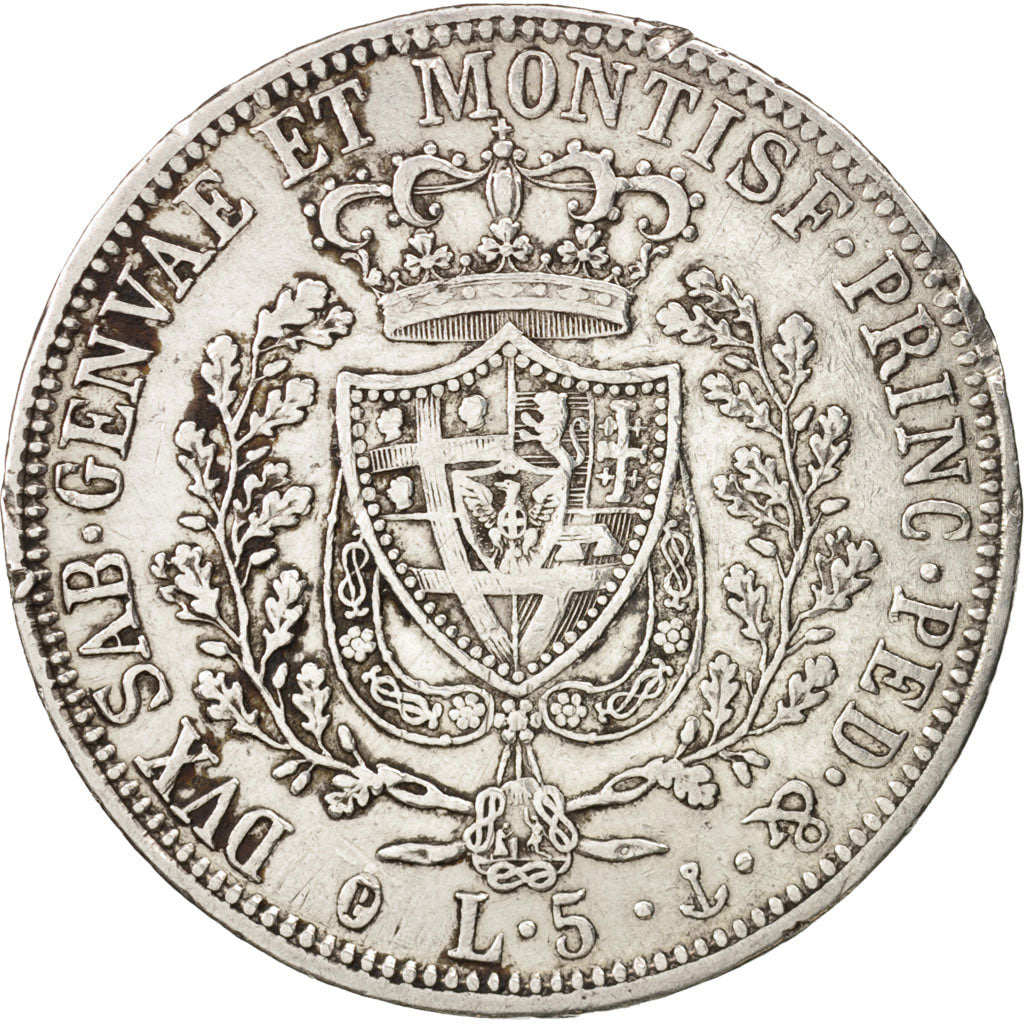 Coin, ITALIAN STATES, SARDINIA, Carlo Felice, 5 Lire, 1827, Genoa, EF(40-45)