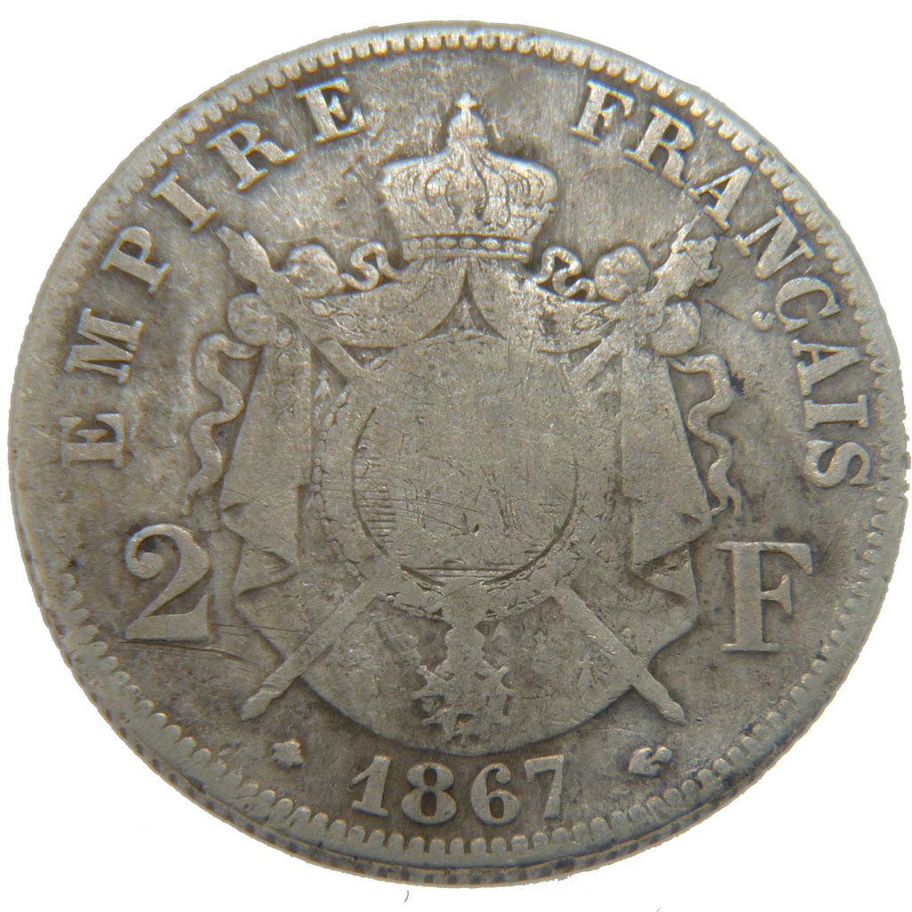 FRANCE, Napoléon III, 2 Francs, 1867, Paris, VF(20-25), Silver, Gadoury #527, 9.