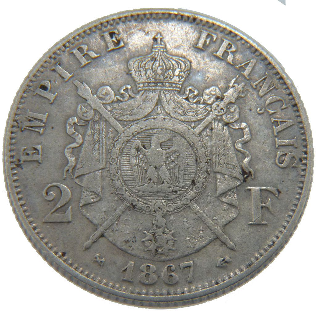 FRANCE, Napoléon III, 2 Francs, 1867, Bordeaux, KM #807.3, EF(40-45), Silver, G.