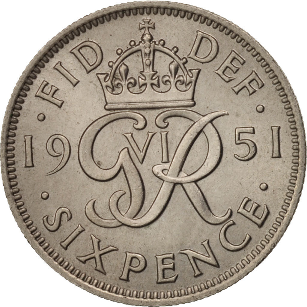 Coin, Great Britain, George VI, 6 Pence, 1951, MS(64), Copper-nickel, KM:875