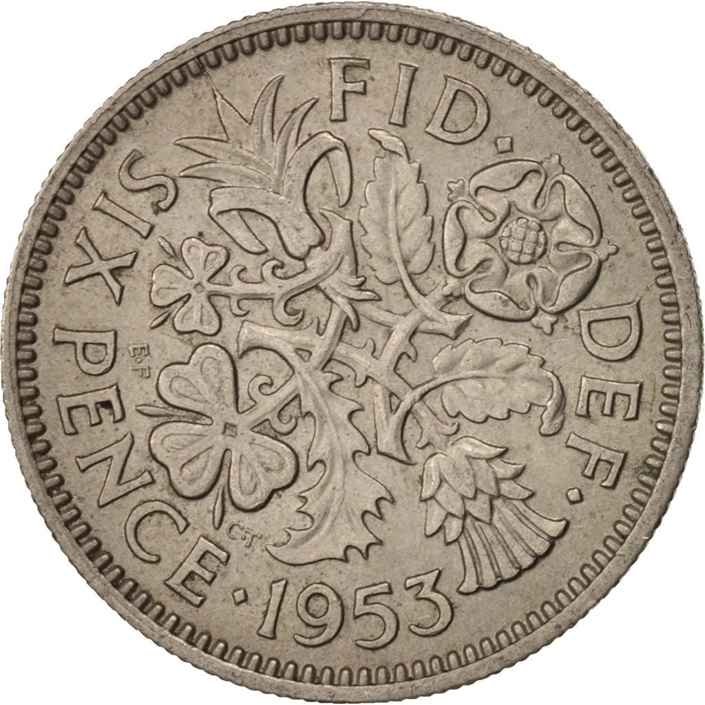 Great Britain, Elizabeth II, 6 Pence, 1953, AU(50-53), Copper-nickel, KM:889