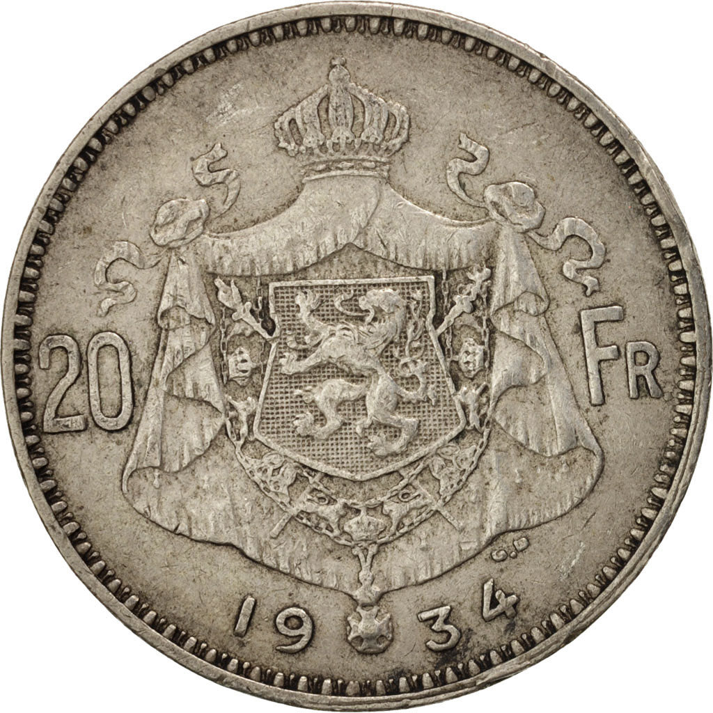 Belgium, 20 Francs, 20 Frank, 1934, VF(30-35), Silver, KM:104.1