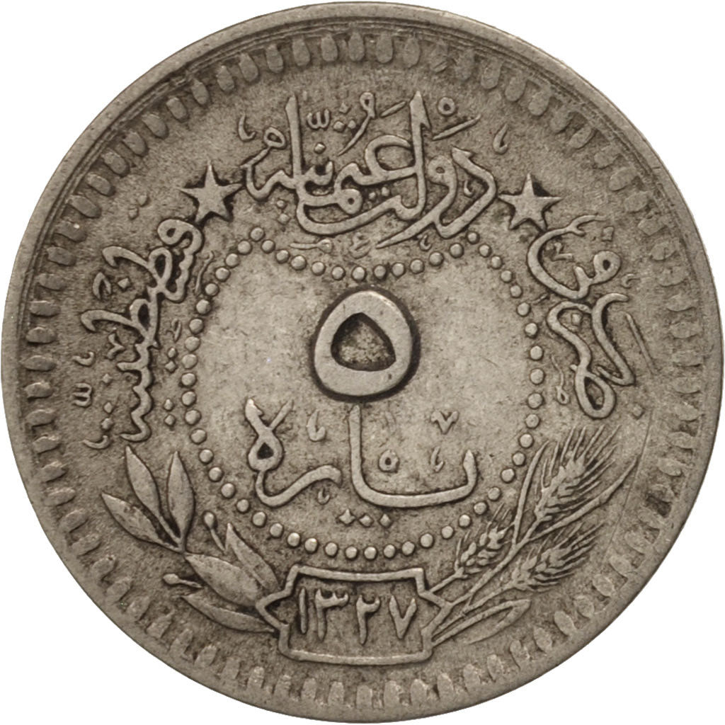 Turkey, Muhammad V, 5 Para, 1912 (1327/4), EF(40-45), Nickel, KM:759