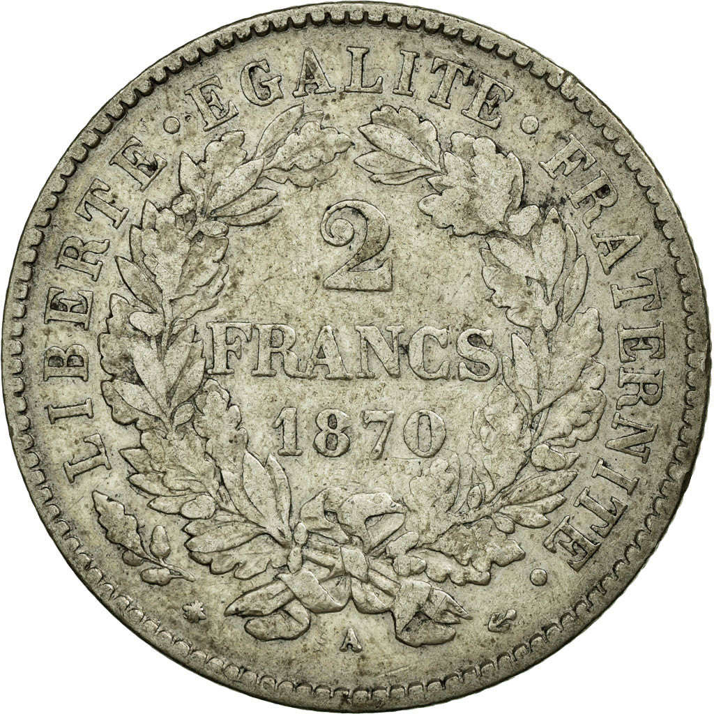 Moneta, Francia, Cérès, 2 Francs, 1870, Paris, MB+, Argento, KM:816.1