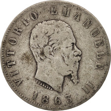 Moneta, Italia, Vittorio Emanuele II, 2 Lire, 1863, Torino, MB, Argento, KM:6a.2