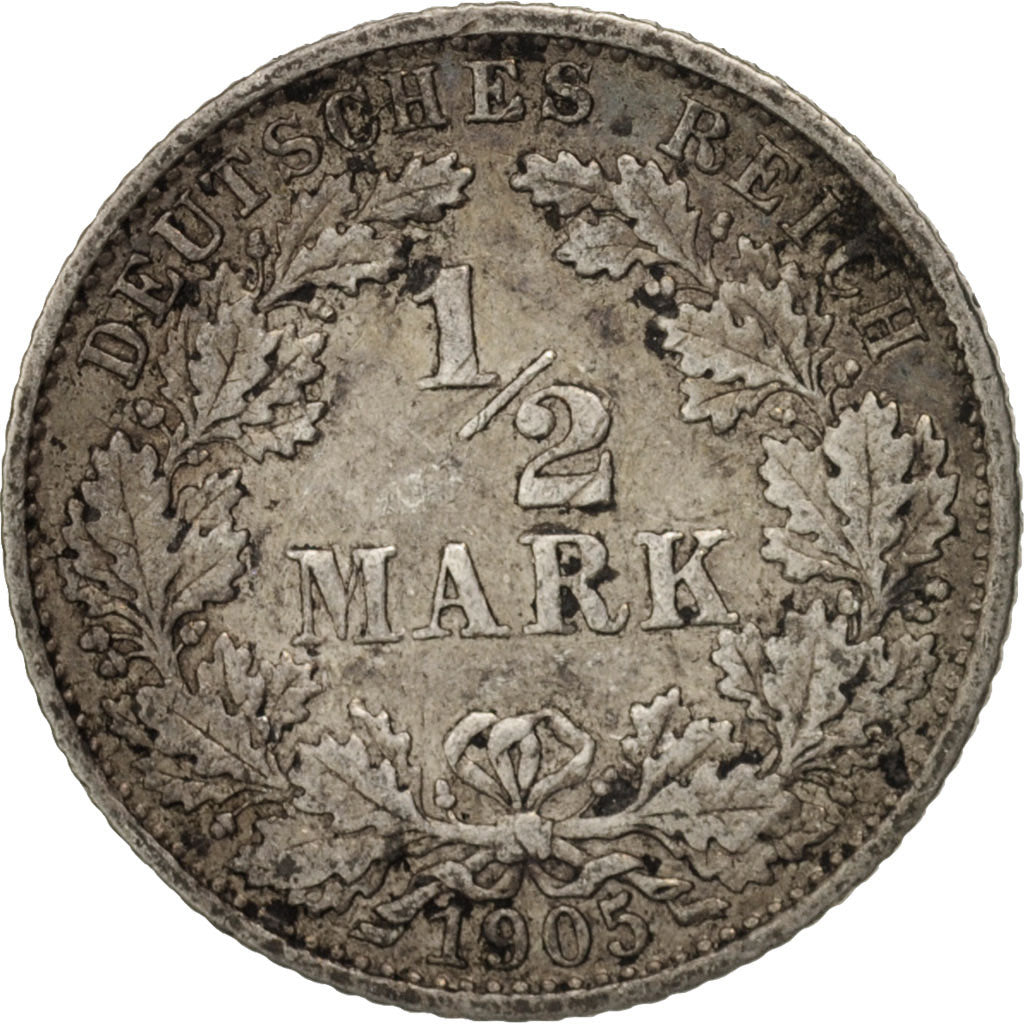 Coin, GERMANY - EMPIRE, 1/2 Mark, 1905, Karlsruhe, VF(30-35), Silver, KM:17