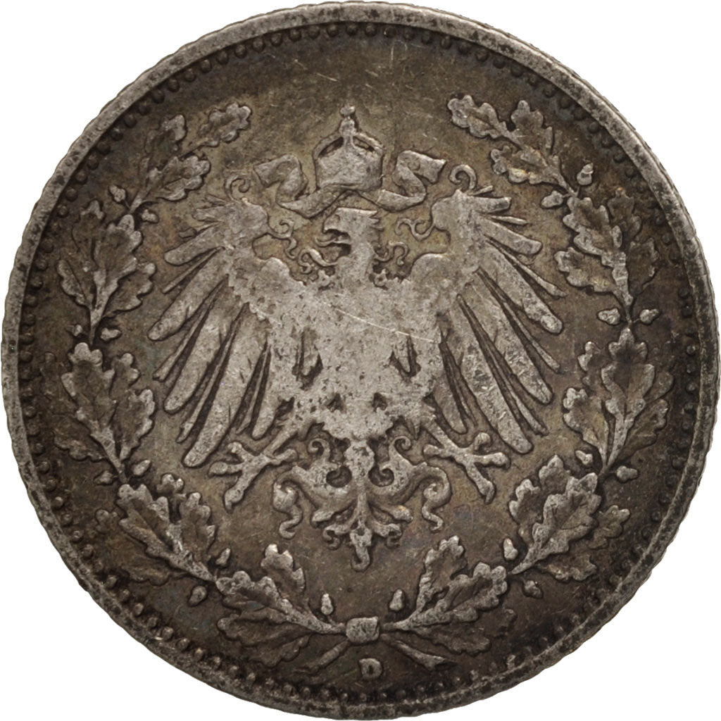 Coin, GERMANY - EMPIRE, 1/2 Mark, 1905, Munich, VF(20-25), Silver, KM:17