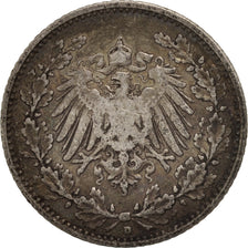 Coin, GERMANY - EMPIRE, 1/2 Mark, 1905, Munich, VF(20-25), Silver, KM:17