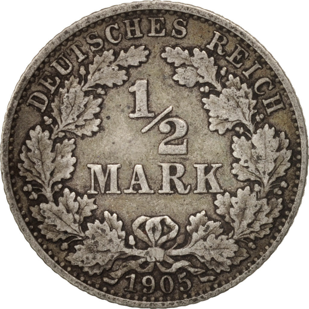 Coin, GERMANY - EMPIRE, 1/2 Mark, 1905, Munich, VF(20-25), Silver, KM:17