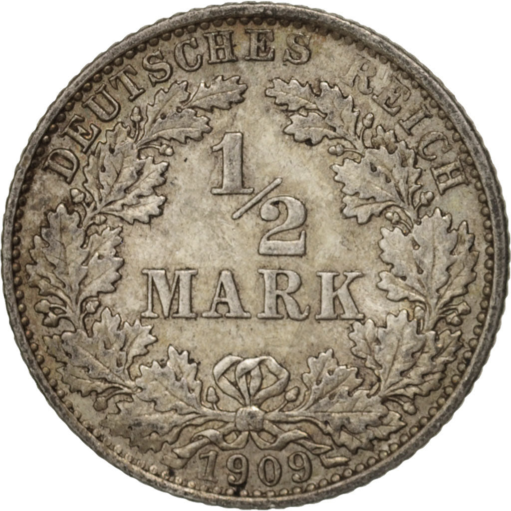 Coin, GERMANY - EMPIRE, 1/2 Mark, 1909, Muldenhütten, AU(55-58), Silver, KM:17