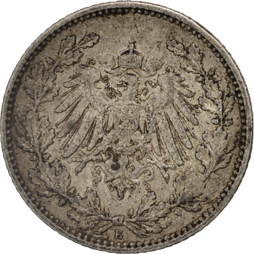 GERMANY - EMPIRE, 1/2 Mark, 1915, Muldenhütten, VF(30-35), Silver, KM:17