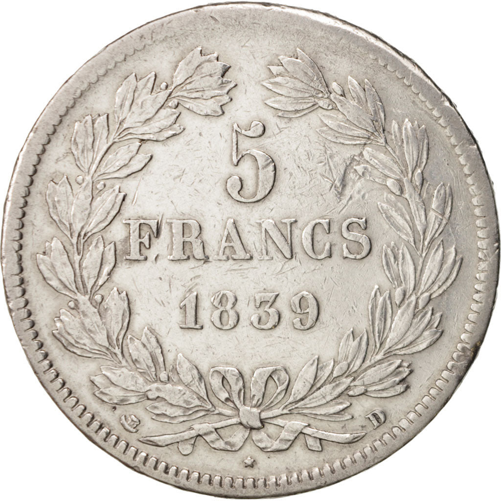 France, Louis-Philippe, 5 Francs, 1839, Lyon, EF(40-45), Silver, KM:749.4