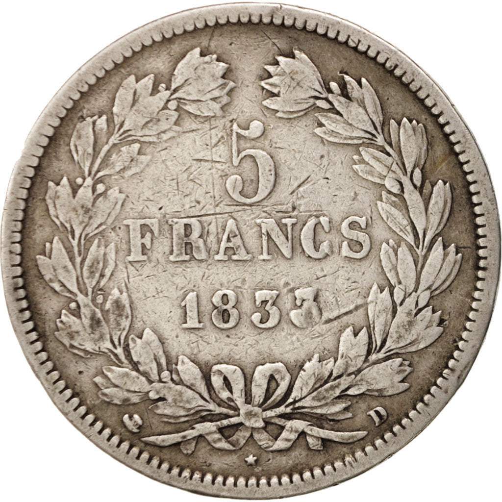 Coin, France, Louis-Philippe, 5 Francs, 1833, Lyon, VF(20-25), Silver, KM:749.4