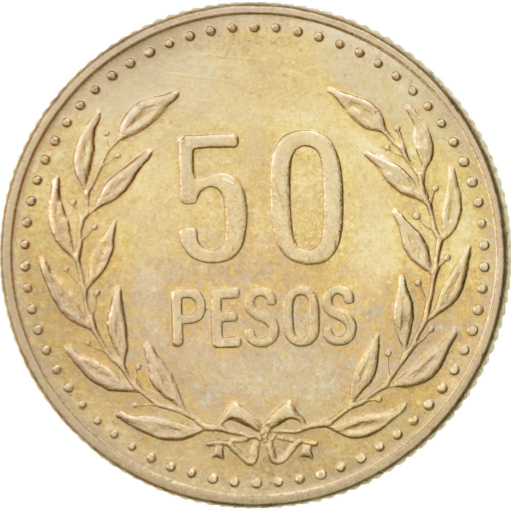 Colombia, 50 Pesos, 1990, MS(60-62), Copper-Nickel-Zinc, KM:283.1