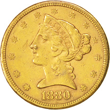 Moneda, Estados Unidos, Coronet Head, $5, Half Eagle, 1880, U.S. Mint, San